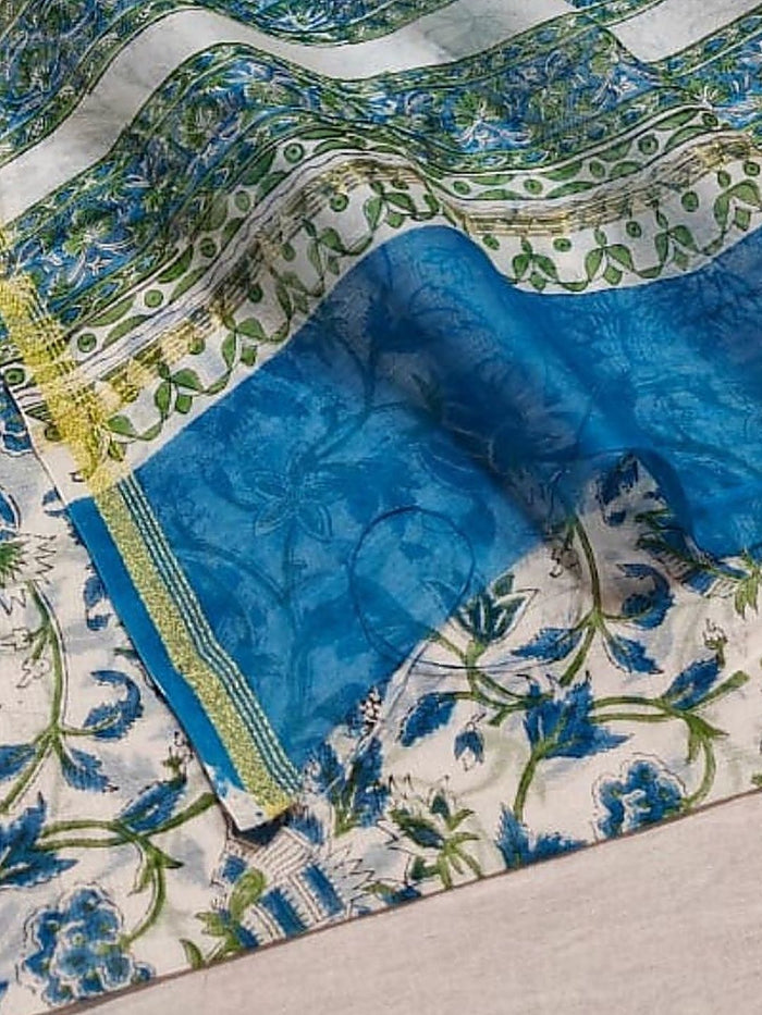 Indiehaat | Blockprint Chanderi Silk Saree Beige | Elegance in Silk