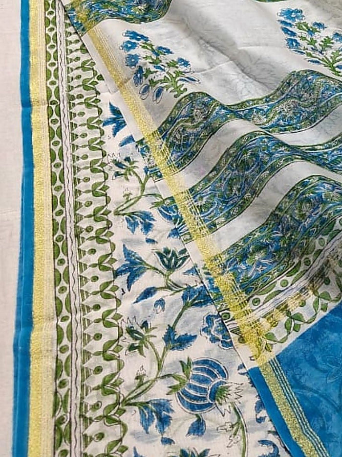 Indiehaat | Blockprint Chanderi Silk Saree Beige | Elegance in Silk