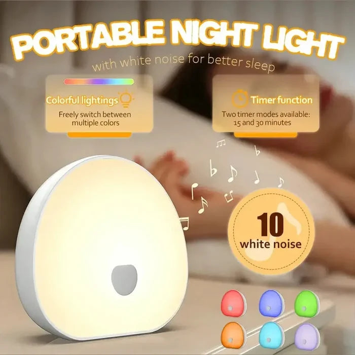 White noise night light for sleep with colorful lighting, timer function, and 10 soothing sounds for better rest.