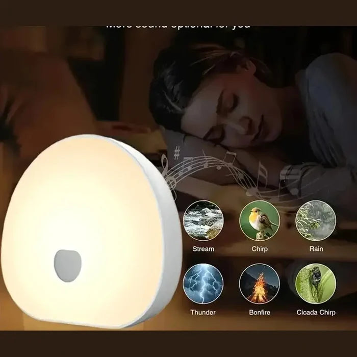 White noise night light for sleep emitting soothing sounds, helping a woman relax and enjoy peaceful sleep.