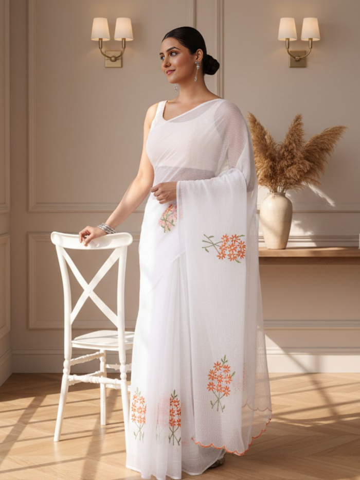 White Pure Kota Doria Saree Embroidered