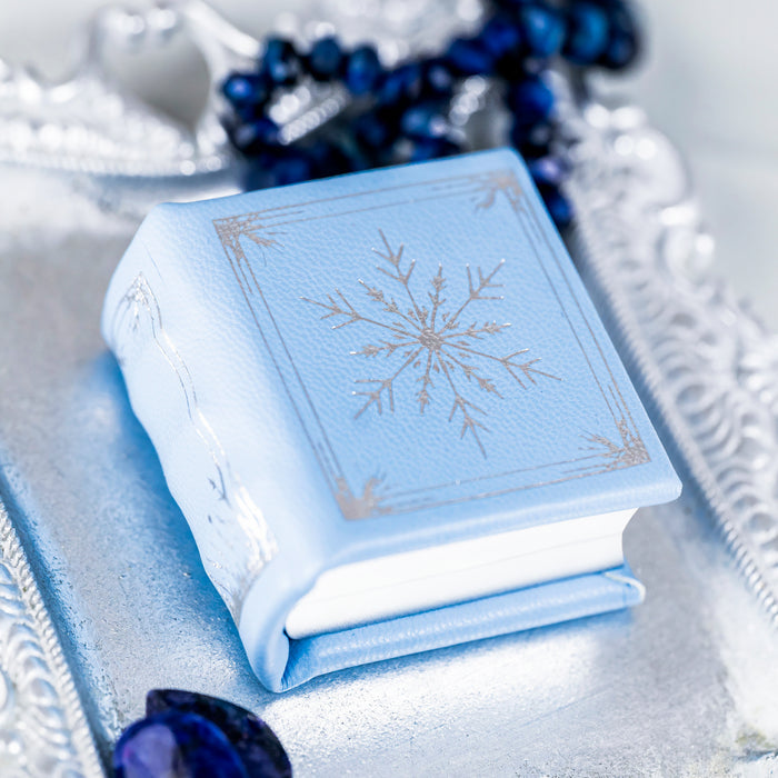 Winter Court Leather Book Ring Box – Frost Sky Edition (Small) by Aquamarise, blue leather with silver snowflake design, in handmade ring boxes and meaningful jewelry gifts collection.