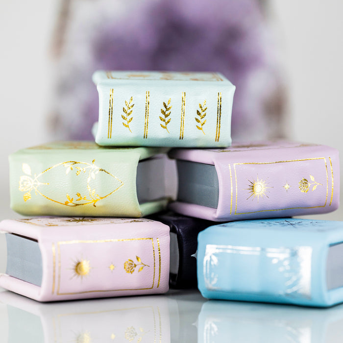 Summer Court Handmade Leather Book Ring Box- Seaglass Glow Edition (Small) by Aquamarise, displayed in pastel colors with gold accents, part of Handmade Book Ring Boxes and Meaningful Jewelry Gifts collections.
