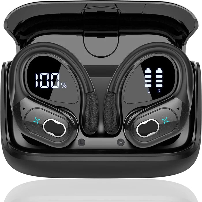Wireless sports earbuds with earhooks showcased in charging case, featuring battery display and ergonomic design.