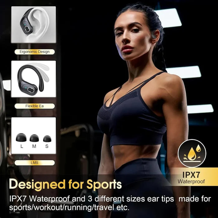 Wireless sports earbuds with earhooks featuring ergonomic design and waterproof IPX7 for active lifestyles.