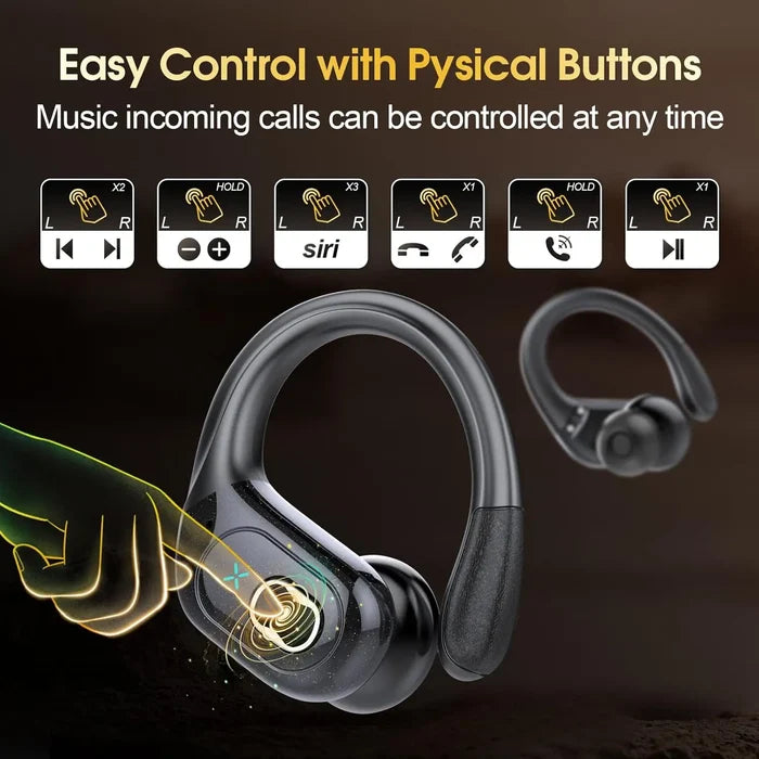 Wireless sports earbuds with earhooks featuring easy control buttons for music and calls.