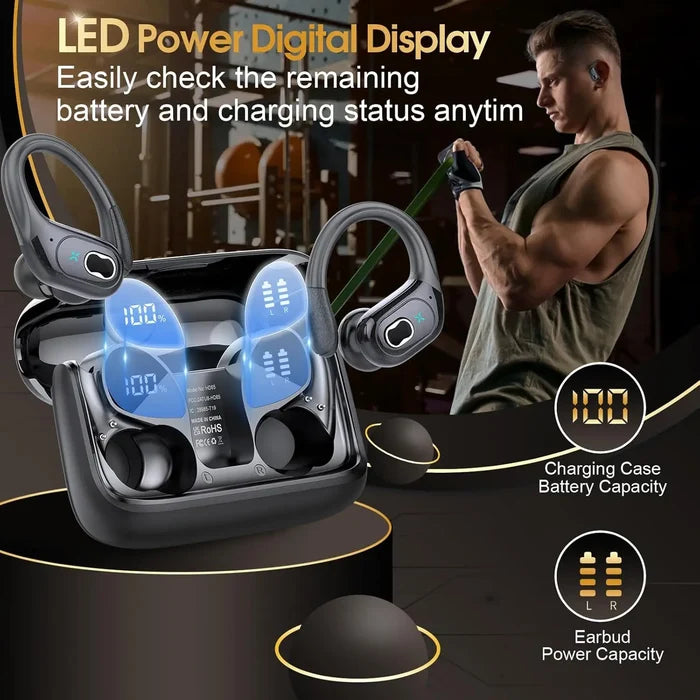 Wireless sports earbuds with earhooks featuring LED digital display for battery status.