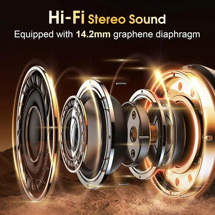 Hi-Fi stereo sound technology showing 14.2mm graphene diaphragm in wireless sports earbuds with earhooks
