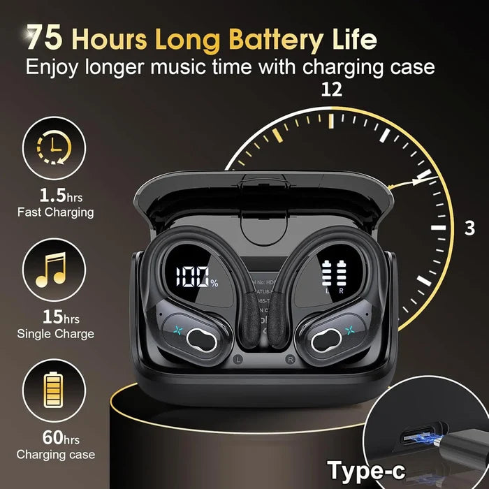 Wireless sports earbuds with earhooks showing 75 hours long battery life and sleek charging case.