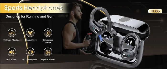 Wireless sports earbuds with earhooks for workouts, 75-hour playtime and secure fit.
