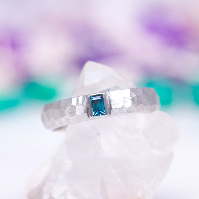 Wisteria Alexandrite Leaf Couples Ring Set by Aquamarise featuring a hammered sterling silver band with a rectangular blue-green lab-grown alexandrite gemstone, part of Matching Couples' Rings and June Birthstone Jewelry collections.