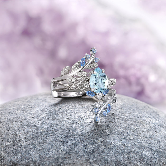 Wisteria Aquamarine Fairy Leaf Ring in Sterling Silver (Two Piece) featuring pear-cut aquamarine and leaf motifs on a textured rock, by Aquamarise, in Sterling Silver Rings collection.