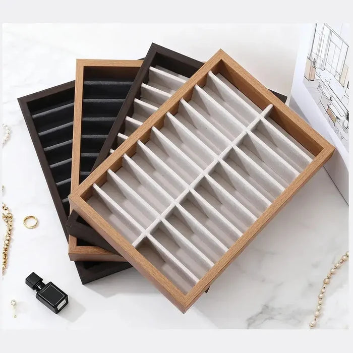 Three styles of wooden velvet jewelry tray organizer, showcasing spacious compartments for rings and earrings.