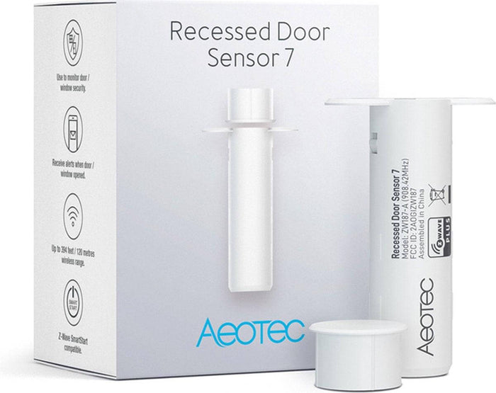 Aeotec Recessed Door Sensor 7 packaging and device, a recessed z-wave door sensor for invisible smart home window security.