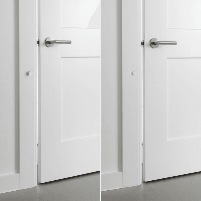 Aeotec recessed z-wave door sensor installed inside a white door frame for invisible home security.