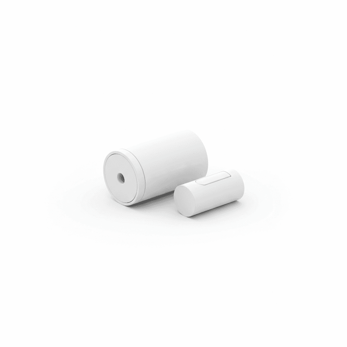 Aeotec Recessed Door Sensor 7 shown as a compact white recessed z-wave door sensor with its matching magnet.