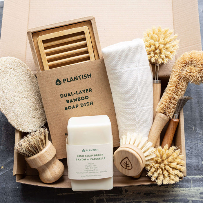 Zero waste kitchen cleaning set with bamboo soap dish and brushes
