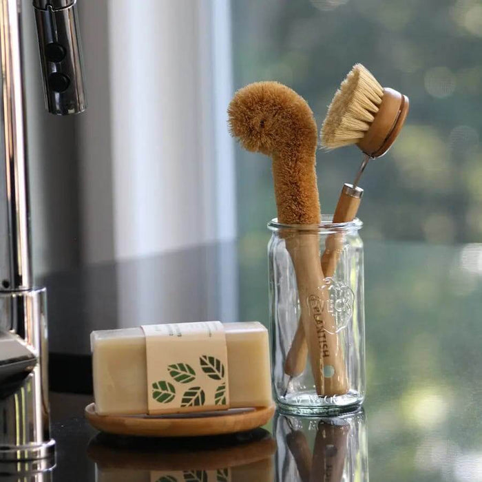 zero waste kitchen cleaning set with natural brushes and soap