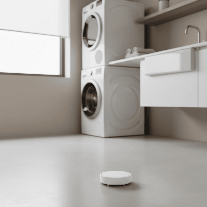Frient Zigbee water leak detector on laundry room floor next to washing machine